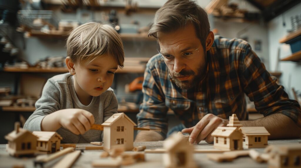 Father and son building wooden houses together, reflecting secure attachment in relationships