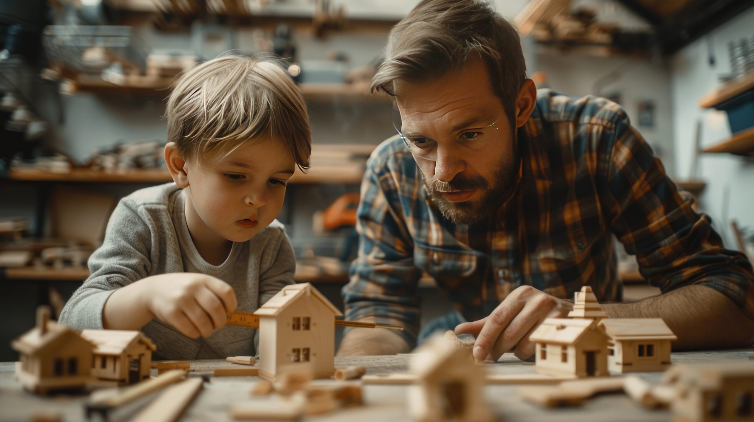 Father and son building wooden houses together, reflecting secure attachment in relationships