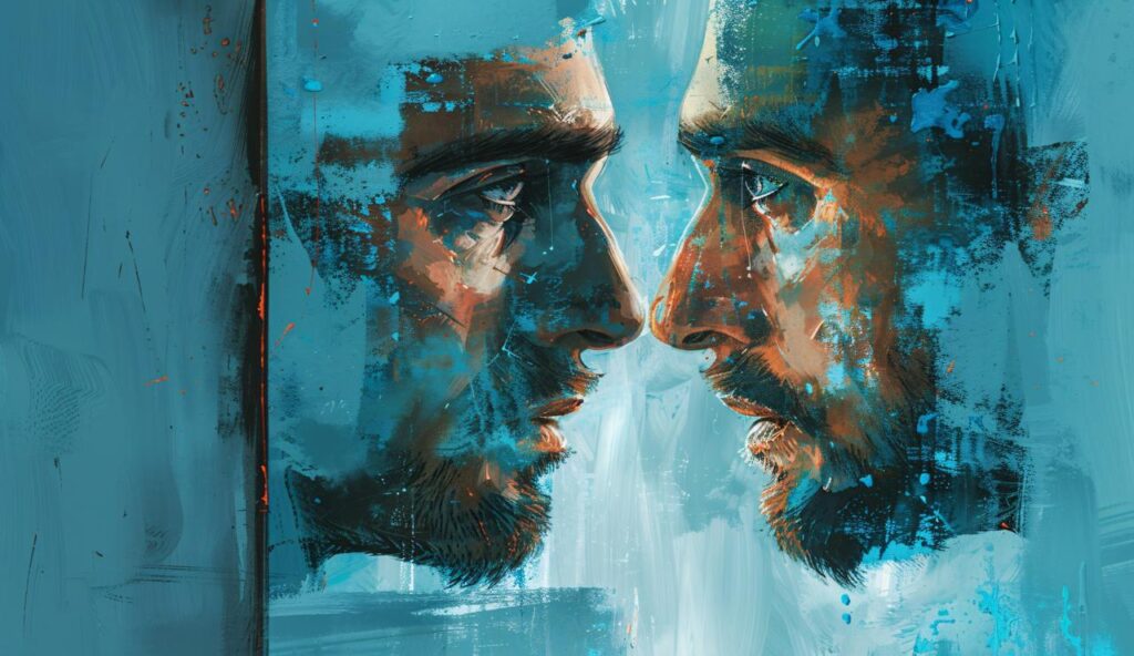 Abstract image of a man staring at his mirrored reflection, representing projection, self-awareness, and narcissistic dynamics within relationships.
