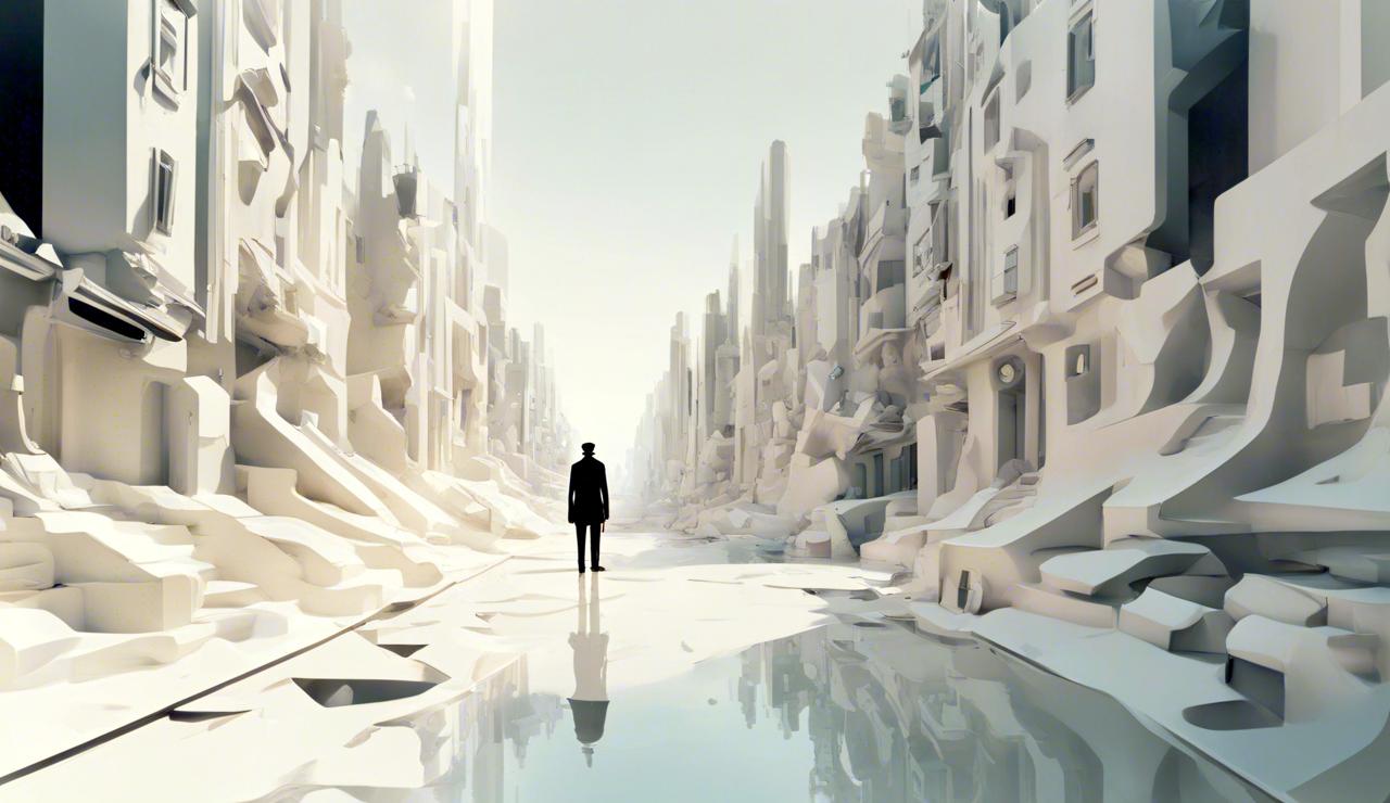 A solitary figure stands in a vast, fragmented white city, reflected in still water beneath them, evoking emotional isolation, inner collapse, and the search for meaning explored through a psychoanalytic interpretation of Johnny Cash’s Hurt.