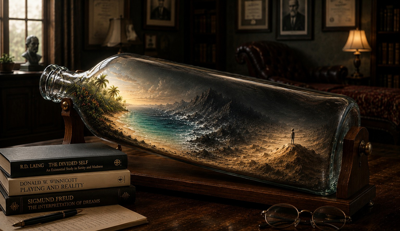 A glass bottle on a study desk contains a miniature landscape of beach, mountains and a solitary figure, evoking R. D. Laing’s The Divided Self.