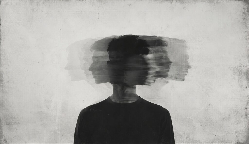 Abstract blurred silhouette with overlapping faces representing identity, memory, repetition and self-understanding in psychodynamic therapy.