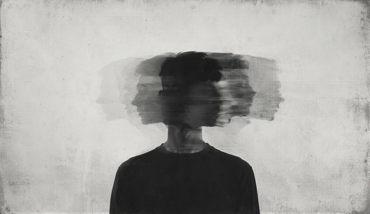 Abstract blurred silhouette with overlapping faces representing identity, memory, repetition and self-understanding in psychodynamic therapy.