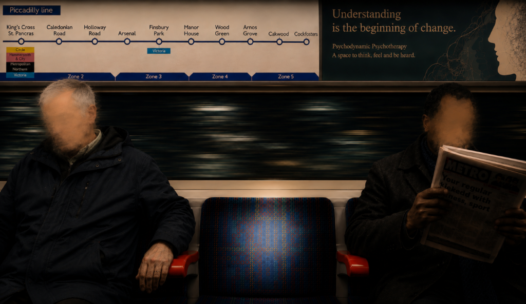 Empty chair on a London Underground Piccadilly line train, between two passengers, symbolising reflection and the hidden self
