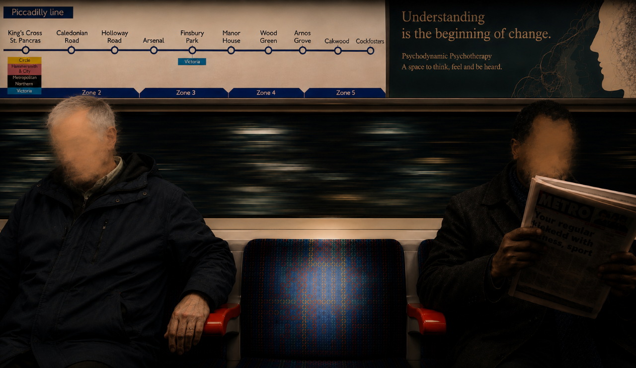 Empty chair on a London Underground Piccadilly line train, between two passengers, symbolising reflection and the hidden self