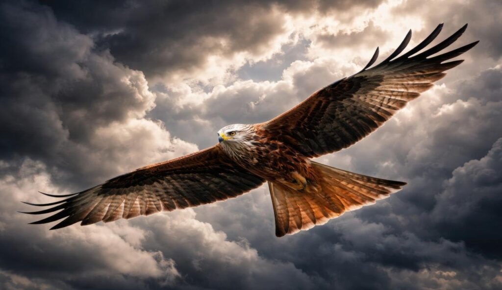 Red Kite circling high above a rural landscape, reflecting themes of parentification, responsibility and growing up too soon.