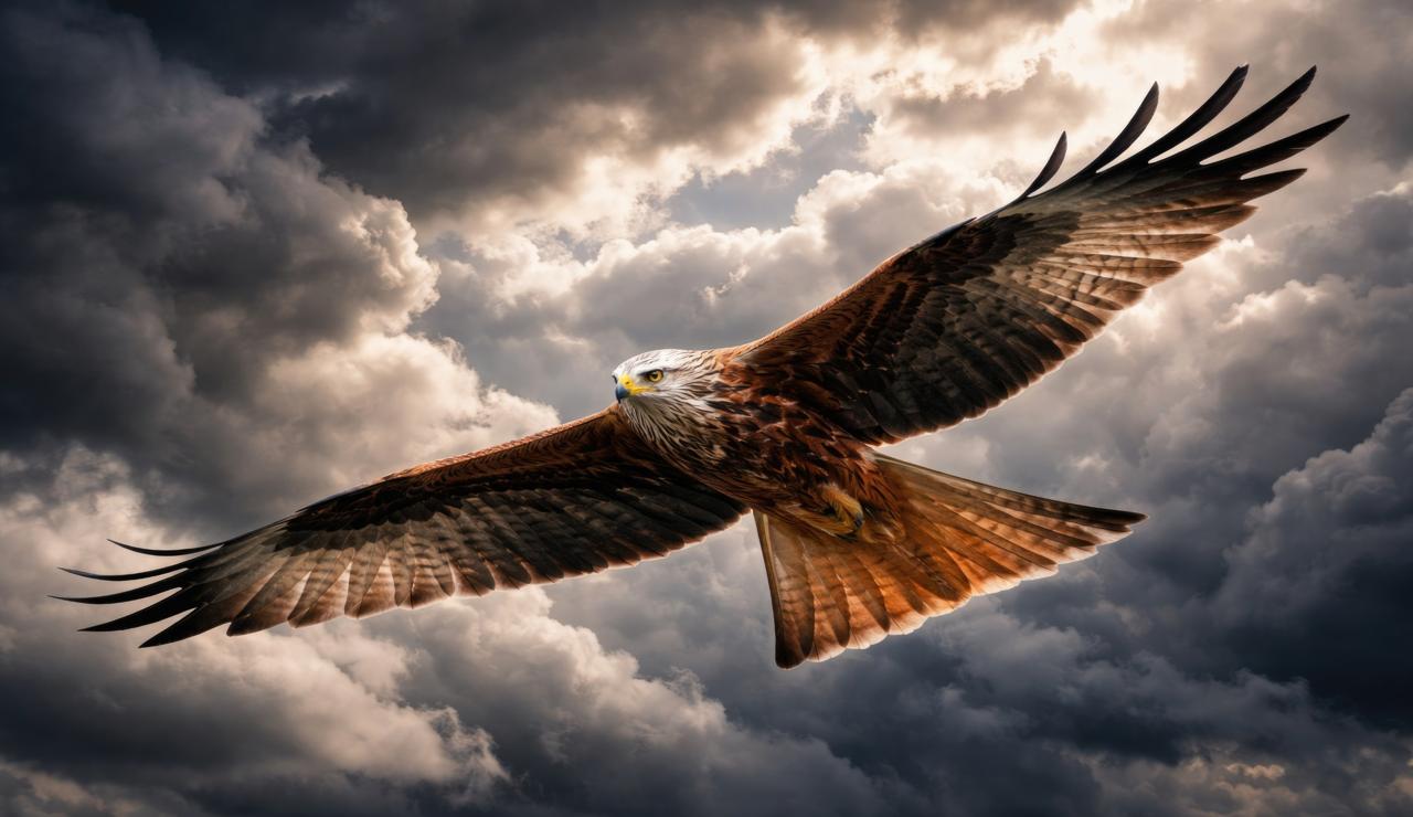 Red Kite circling high above a rural landscape, reflecting themes of parentification, responsibility and growing up too soon.