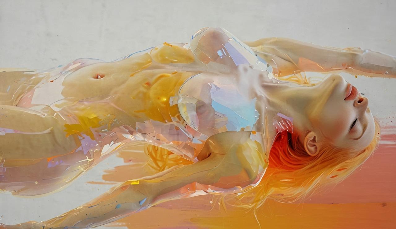 Surreal abstract artwork depicting a woman lying on her side beneath translucent layers of shimmering material, with warm orange, gold and pastel colours throughout.