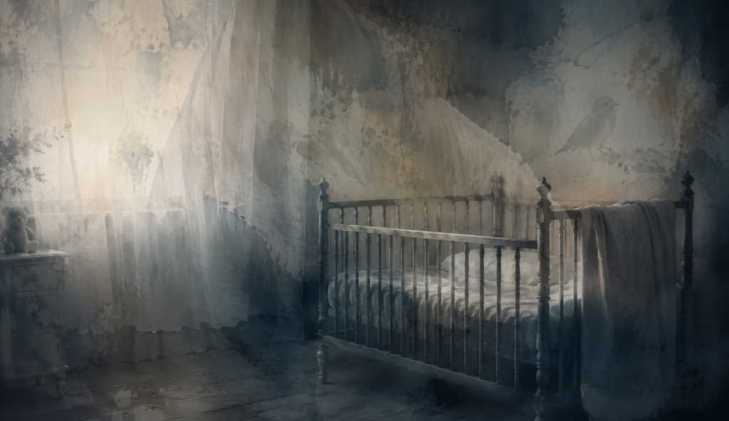 An empty cot in a dim, misty nursery, evoking grief, absence and the ghostly memory of a lost baby.