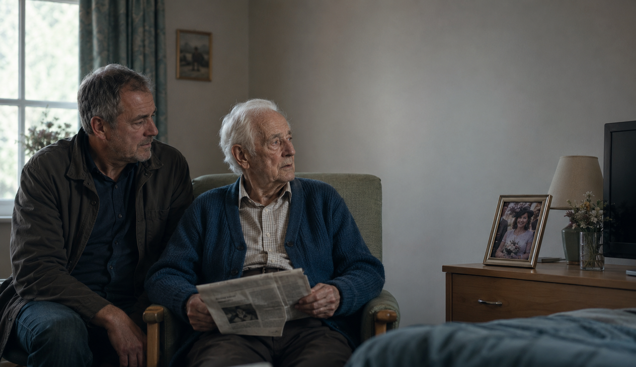 Older father with Alzheimer’s disease sitting beside his adult son in a care home, holding a newspaper near a photograph of his late wife.